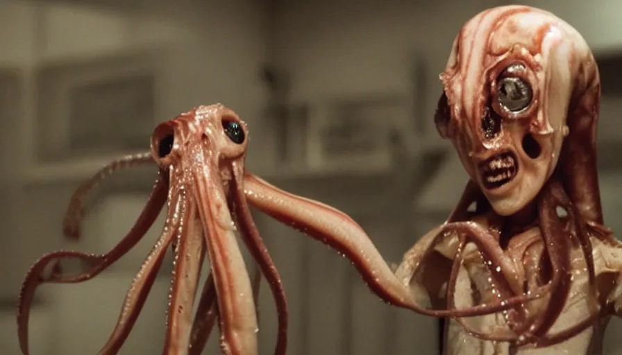 Image similar to Big budget horror movie, a squid bloodily rips off a cyborgs head