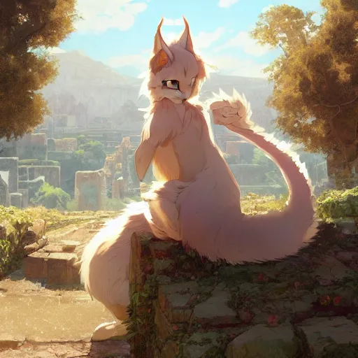 Image similar to a digital art of cute fluffy anthropomorphic caracal wearing toga, ancient greek city, sunny day, by greg rutkowski and makoto shinkai, krenz cushart and mucha and akihito yoshida and, long shot, back lighting, detailed, 4 k resolution, trending on art station