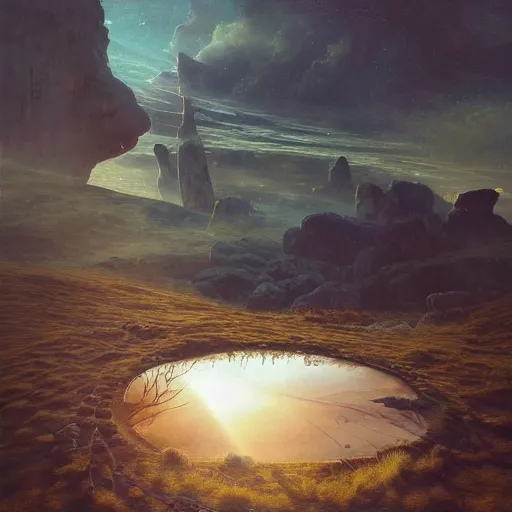 Image similar to David Friedrich, Esao Andrews, scifi landscape, hyperrealistic surrealism, award winning masterpiece with incredible details, epic stunning, infinity pool, a surreal vaporwave liminal space, highly detailed, trending on ArtStation, artgerm and greg rutkowski and alphonse mucha, daily deviation, IAMAG, broken giant marble head statue ruins, golden hour