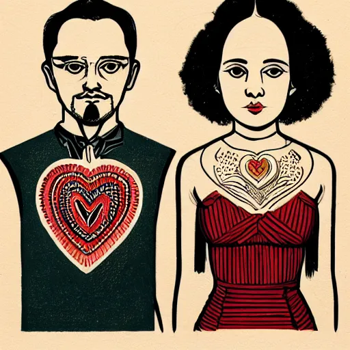 Image similar to perfectly centered symmetrical split male and female portrait of man and woman in love sharing one heart. illustration, highly detailed, simple, no jagged lines, smooth, artstation, wacom artwork by ravi zupa