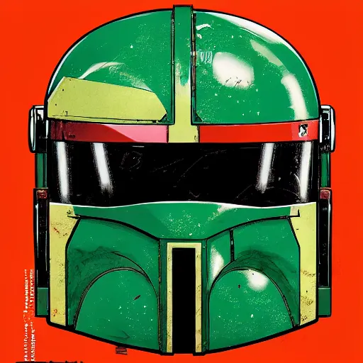 Prompt: a green and red robot ninja mandalorian looking helmet that looks like it is from Borderlands, there’s a circular notch in the center by Feng Zhu and Loish and Laurie Greasley, Victo Ngai, Andreas Rocha, John Harris
