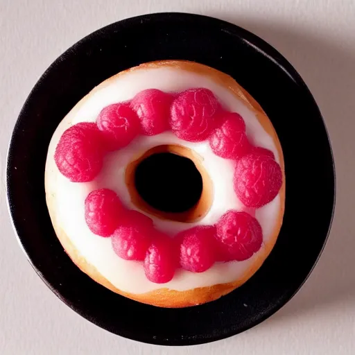 Prompt: Perfectly circular donut!!!!! in the shape of a raspberry!!!!!!, trending on artstation, 4k, 8k, professional photography, overhead shot, 35mm lens