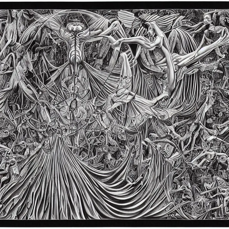 Image similar to meaning of death by Alex Grey and M. C. Escher collaboration