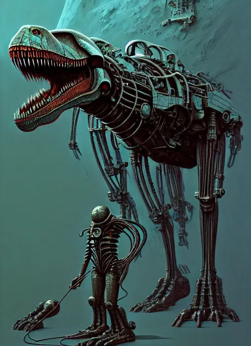 Prompt: trex in a mech suit, by roberto aizenberg, zdzisław beksinski, brian despain, peter gric, boris artzybasheff and hr giger, hyper detailed, screen print, character concept art, hyperrealism, coherent, cgsociety, zbrush central, behance hd, hypermaximalist