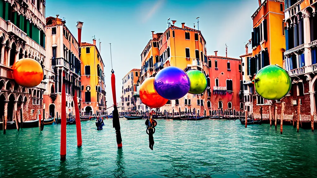 Image similar to large colorful futuristic space age metallic steampunk steam - powered balloons with pipework and electrical wiring around the outside, and people on rope swings underneath, flying high over the beautiful medieval venice city landscape, professional photography, 8 0 mm telephoto lens, realistic, detailed, photorealistic, photojournalism