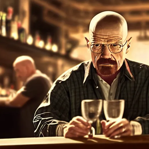 Prompt: Walter white in a crowded bar, he is drinking, closeup, dimly lit, 8k, realistic