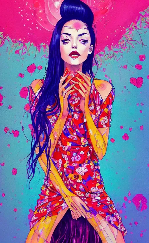 Image similar to an ultra detailed beautiful painting of a stylish woman with colorful sundress, movie poster, modern, symmetrical, harumi hironaka, conrad roset, greg rutkowski