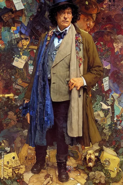 Prompt: The Fourth Doctor standing next to the TARDIS, portrait by Stanley Artgerm Lau, greg rutkowski, thomas kindkade, alphonse mucha, loish, norman Rockwell