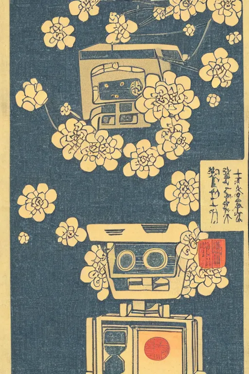 Prompt: Japanese woodblock print of a robot made out of flowers