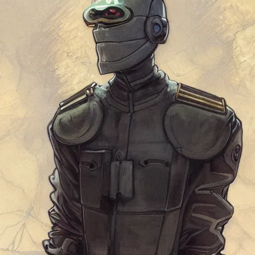 Image similar to portrait of rubbery, gaunt albino mutant with moist skin, sharp features, large lips, huge black eyes and determined expression, wearing fascist Byzantine police uniform and standing on cyberpunk docks, Dune concept art by Anato Finnstark, Alphonse Mucha, and Greg Rutkowski