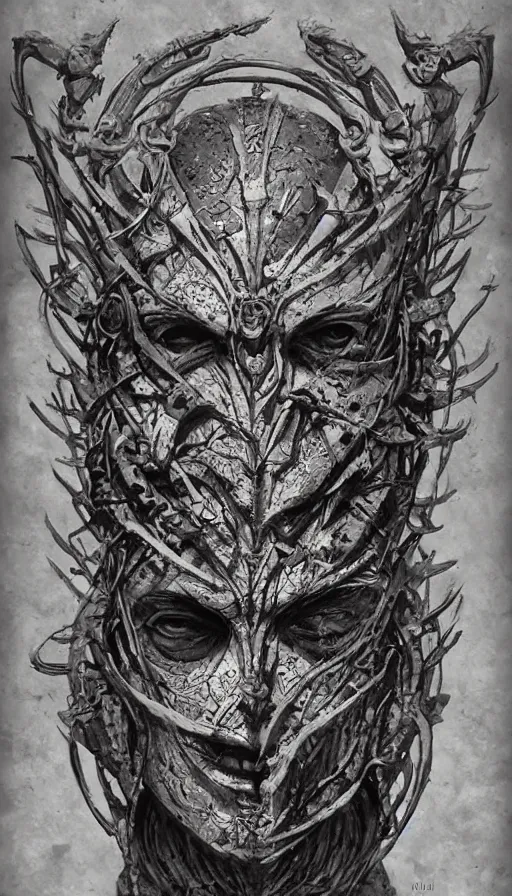 Image similar to ancient biomechanoid hybrid slavic multifaced god armored head fantasy beautiful human witch face mask tattoo pattern concept, glagolitic glyph, intricate artwork by, Johnatan Wayshak, Zdizslaw Beksinski, Artgerm, H.R. Giger, very coherent artwork, cinematic, hyper realism, high detail, octane render, unreal engine, 8k, High contrast, higly detailed black ink outline, crosshatch sketch gradient