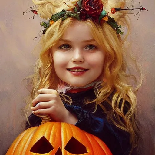 Image similar to a happy little girl with long straight golden blonde hair sitting amidst halloween decor, skulls and pumpkins. beautiful highly detailed face, beautiful painting by artgerm and greg rutkowski and alphonse mucha