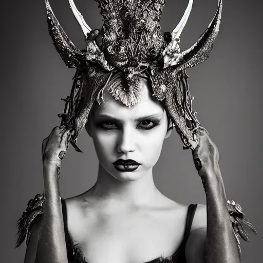 Prompt: a portrait of female model by stefan geselle, nekro borja and peter kemp, dark fantasy, ornate headpiece, dark beauty, photorealistic, canon r 3, photography