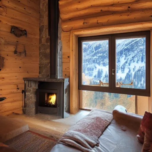 Image similar to cozy fireplace in a cabin on the dolomites, wood, open window