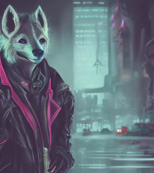 Image similar to digital painting of anthromorphic hyena female smoking cigarrete, fursona, furry fandom, furaffinity, neon rainy cyberpunk setting, anthro, wearing cyberpunk leather jacket, detailed face, blade runner, zootopia style,