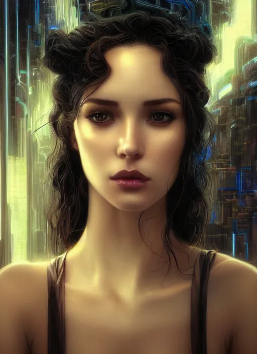 Image similar to beautiful young woman, gorgeous face, sad eyes, tears, bladerunner city landscape, cybernetic, wires, technology, vaporwave aesthetic, synthwave, intricate, elegant, highly detailed, digital painting, artstation, concept art, smooth, sharp focus, illustration, art by artgerm and greg rutkowski and alphonse mucha