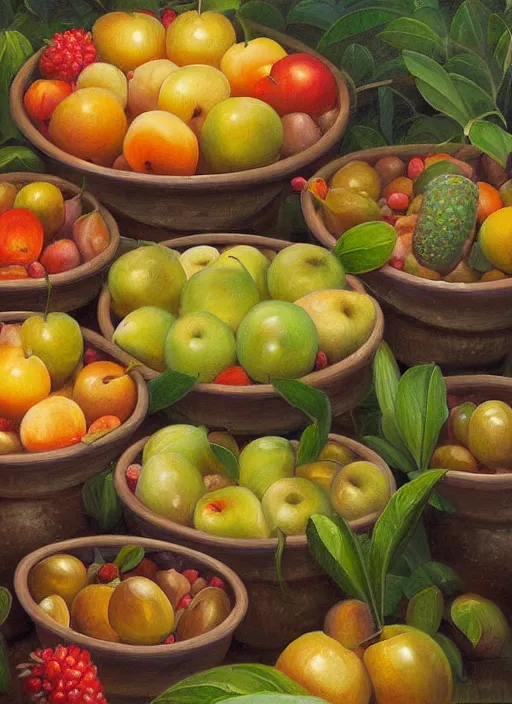 Image similar to a beautiful painting of pots filled with fruits and food in the jungle, close up, abundance, art by christophe vacher