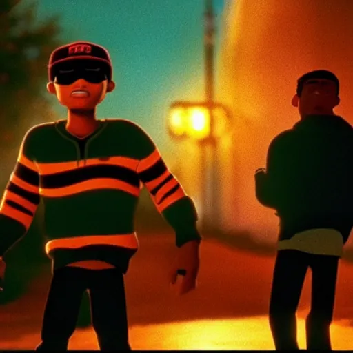 Prompt: a cinematic still of the Pixar version of the movie Boyz N The Hood (1991) epic lighting, shallow depth of field