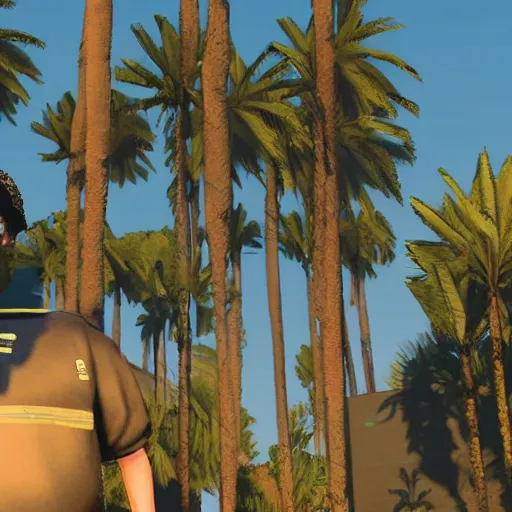 Image similar to Bill Murry in GTA V. Los Santos in the background, palm trees. In the art style of Stephen Bliss