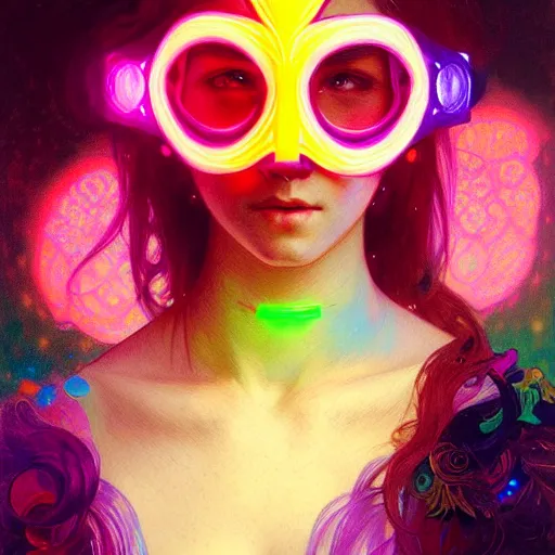 Image similar to A girl wearing a glowing colorful rave mask, face, detailed, intricate, elegant, highly detailed, digital painting, artstation, concept art, smooth, sharp focus, illustration, art by Krenz Cushart and Artem Demura and alphonse mucha