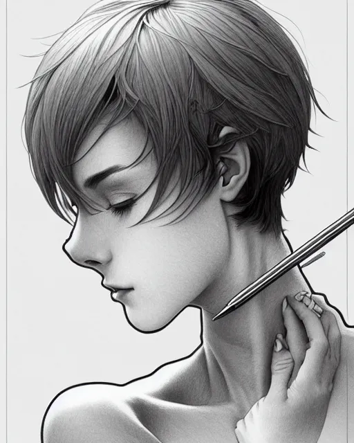 Image similar to ' bored woman with short hair ', closeup shot of face, beautiful shadowing, soft shadowing, reflective surfaces, illustrated completely, 8 k beautifully detailed pencil illustration, extremely hyper - detailed pencil illustration, intricate, epic composition, masterpiece, bold complimentary colors. stunning masterfully illustrated by artgerm, range murata, alphonse mucha, katsuhiro otomo.