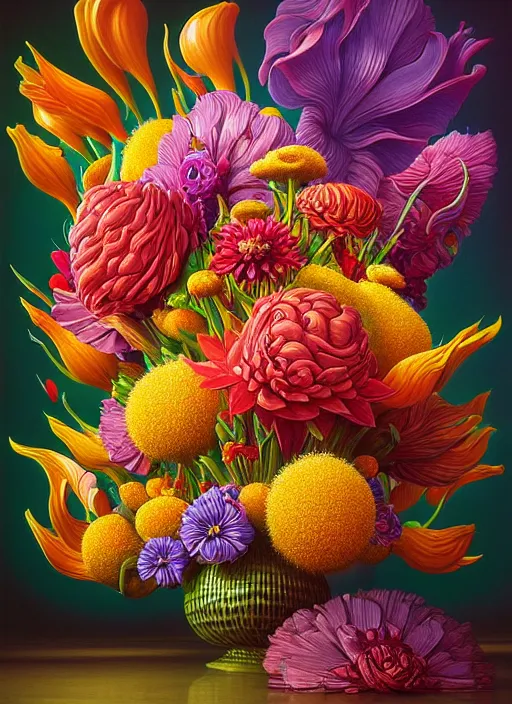 Image similar to hyper detailed 3d octane render illustration like a Oil painting - a vivid exotic flower bouquet, long petals, huge blossoms, by Jacek Yerka, Mariusz Lewandowski, Laszlo generative render, long brush strokes, Masterpiece, Edward Hopper and James Gilleard, Zdzislaw Beksinski, Mark Ryden, Wolfgang Lettl, hints of Yayoi Kasuma, octane render, 8k