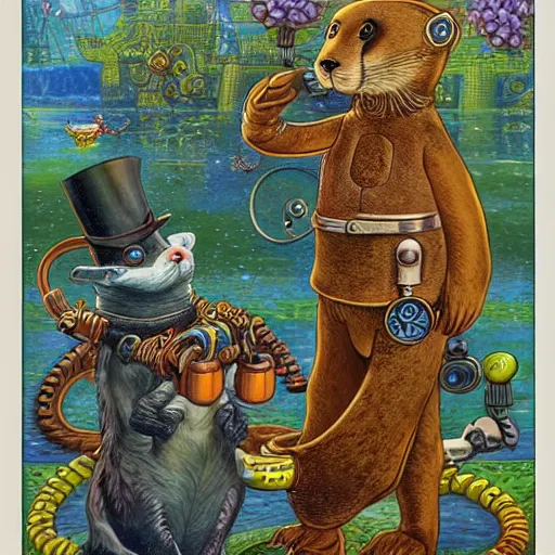 Image similar to a steampunk otter inventor, fantasy illustration, Louis William Wain