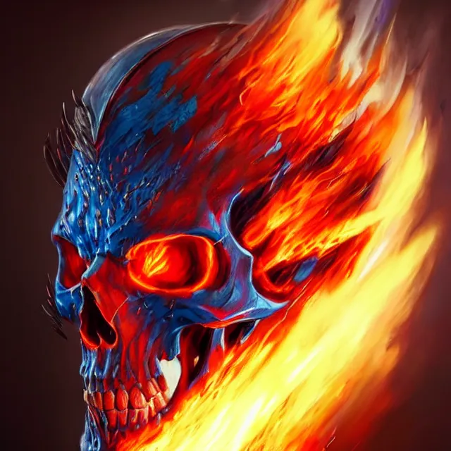 Image similar to flaming skull, blue flames, d & d, fantasy, portrait, highly detailed, headshot, digital painting, trending on artstation, concept art, sharp focus, illustration, art by artgerm and greg rutkowski and magali villeneuve