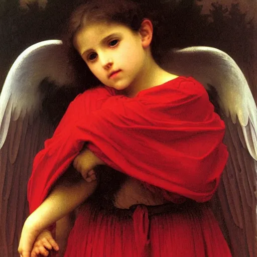 Prompt: Angel crying on top of a red cube made out of water, tears falling from eyes, oil painting by William-Adolphe Bouguereau