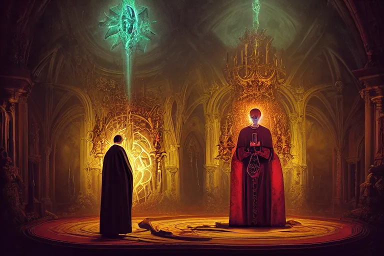 Prompt: photography group circle pope priest in an invoking ritual in front of a viscosity cthulhu within a lovecraft portal in a baroque intricate church, atmospheric lighting, rich deep colors masterpiece, fractal crystals, fantasy portrait by tom bagshaw