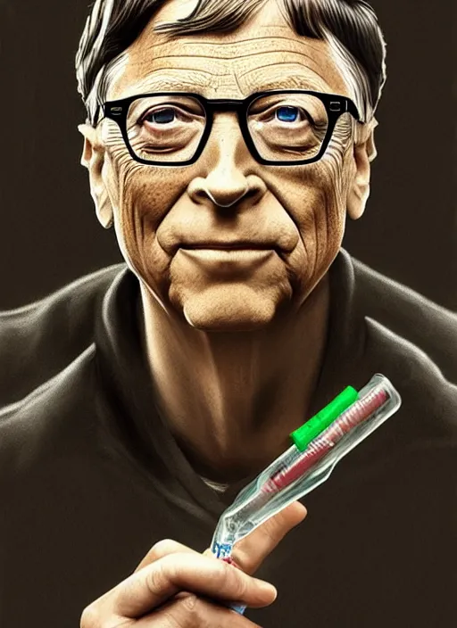 Image similar to bill gates as a reptile!!!, holding syringe, portrait, intricate, elegant, highly detailed, digital painting, artstation, concept art, wallpaper, smooth, sharp focus, illustration, art by h. r. giger and artgerm and greg rutkowski and alphonse mucha