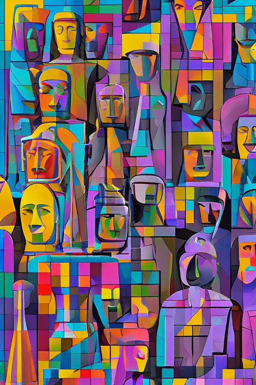 Image similar to cubist moai statue cutout digital illustration cartoon colorful beeple