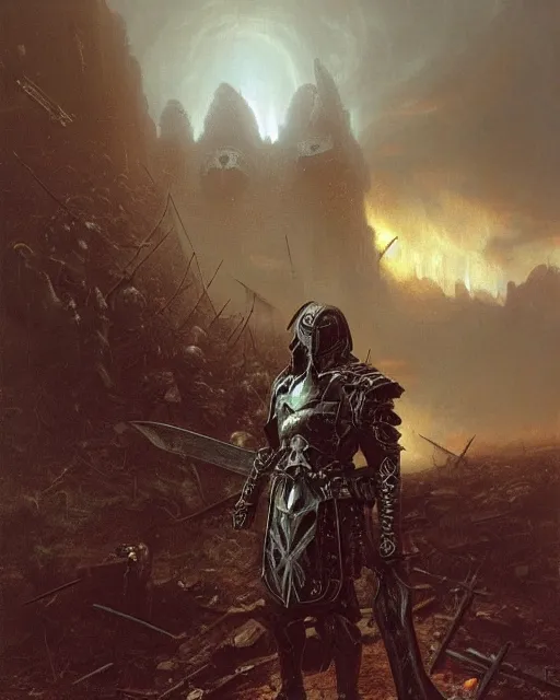 Image similar to a heavily armoured death knight standing in a battlefield of fallen, by thomas cole and wayne barlowe