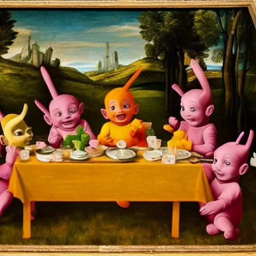 Prompt: renaissance painting of the teletubbies at final supper, long table, drinking, eating, nightmare fuel