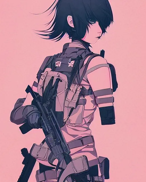 Image similar to girl with tactical gear, very anime!!! anime!! intricate details, aesthetically pleasing pastel colors, poster background, aesthetic details, art by conrad roset and ilya kuvshinov