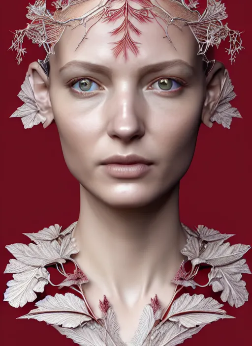 Image similar to complex 3d render ultra detailed of a beautiful porcelain profile woman face, beautiful eyes, mechanical vegetal cyborg, 150 mm, beautiful studio soft light, spot light, rim light, Alexander Mcqueen haute couture, luxurious, silver gold red filigran details, fine foliage lace, magnolia big filigran leaves and stems, roots, mesh wire, intricate details, hyperrealistic, mandelbrot fractal, anatomical, silver metal armor, facial muscles, cable wires, microchip, elegant, white background, beautiful white teeth, octane render, H.R. Giger style, 8k