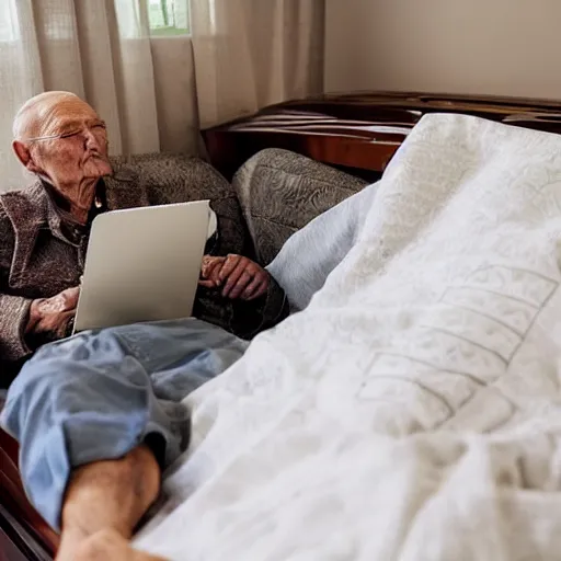 Prompt: elderly man sitting inside the casket browsing internet on laptop from a casket casket, award winning photo