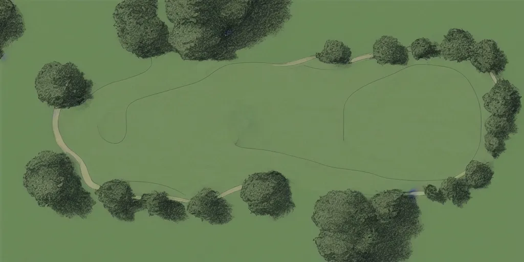 Image similar to top down pencil and oil drawing of a 18 hole golf course layout, minimalistic, flat, high res
