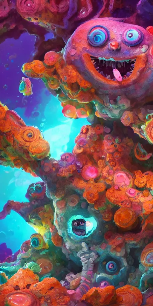 Image similar to of a colorful deep sea cave with strange cute friendly happy creatures with huge eyes, mouth, long tongue and round teeth appearing from sandy coral, in the style of gehry and gaudi, macro lens, shallow depth of field, ultra detailed, digital painting, trending artstation, concept art, illustration, cinematic lighting, photorealism, epic, octane render