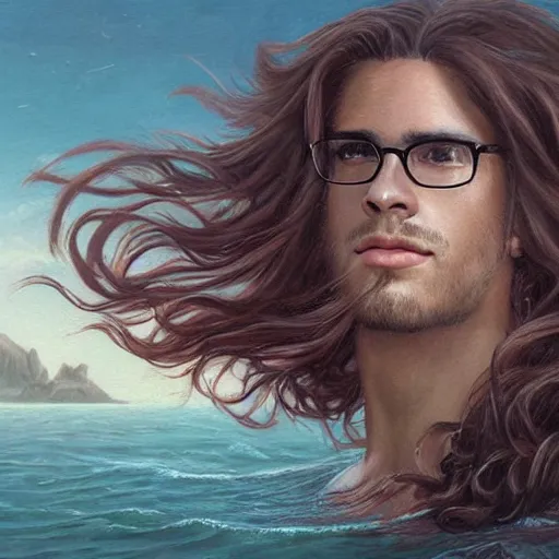 Prompt: a painting of a handsome guy with very long brownish! hair, with nerdy glasses as a mermaid! in the sea, art by artgerma and greg rutkowski