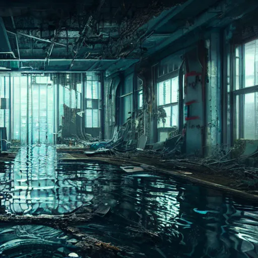 Image similar to flooded, desecrated, abandoned, cyberpunk science lab, ultra realistic, concept art, intricate details, eerie, highly detailed, photorealistic, octane render, 8 k, unreal engine, art by thomas dubois