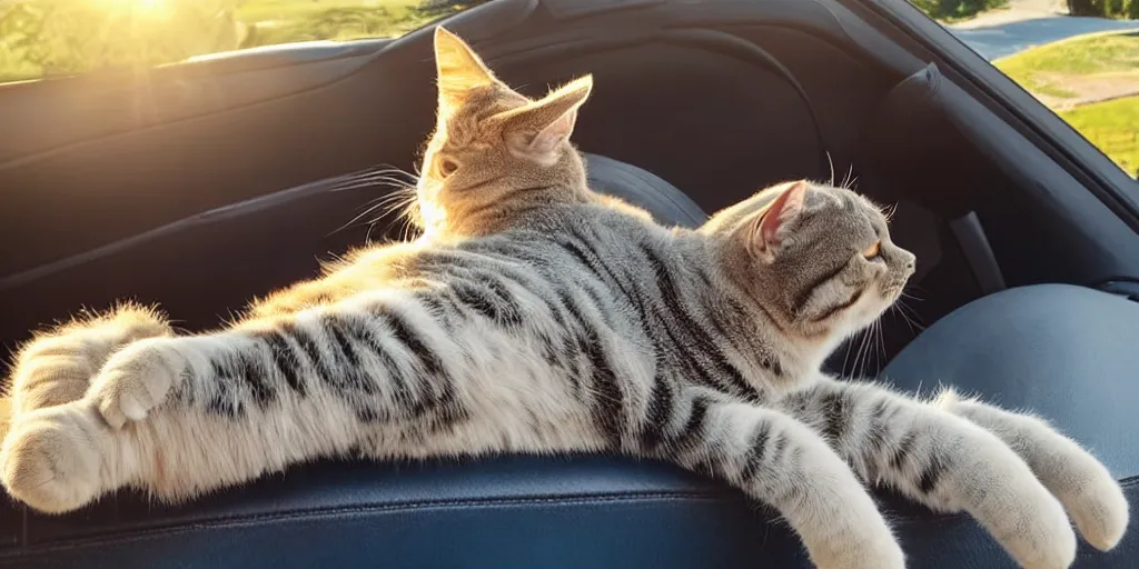 Prompt: top view of convertible, cat sitting relaxed in the driver seat with front paws on steering wheel, eyes closed, enjoying the sun, golden hour