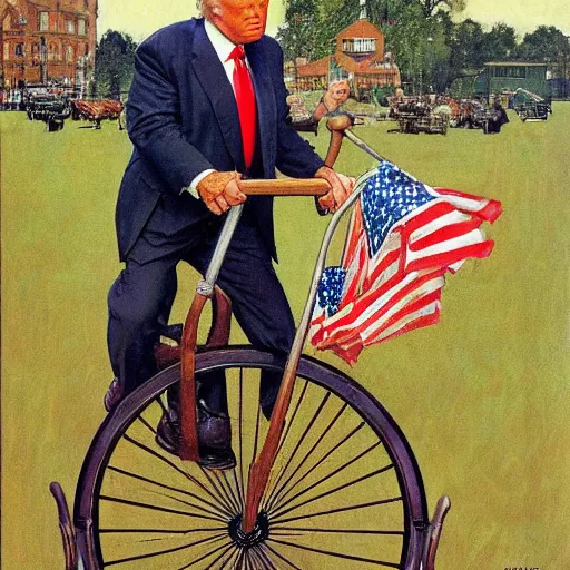Image similar to Donald Trump riding a penny-farthing, painted by Norman Rockwell