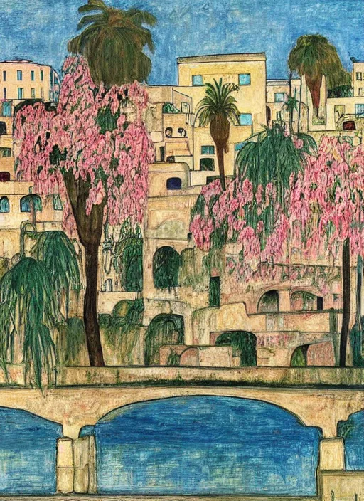 Image similar to ahwaz city in iran with a bridge on local river, 3 number house near a lot of palm trees and bougainvillea, painting by egon schiele