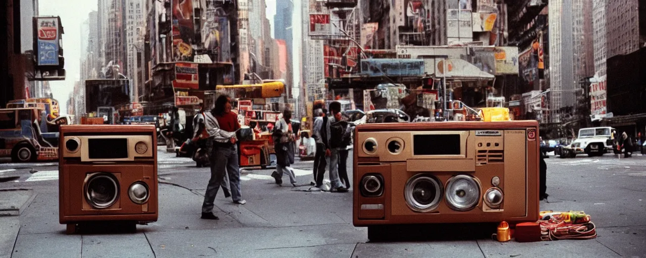 Image similar to a boombox on a nyc street blasting spaghetti out of its speakers, 1 9 8 0's, high detail, canon 5 0 mm, cinematic lighting, photography, retro, film, kodachrome