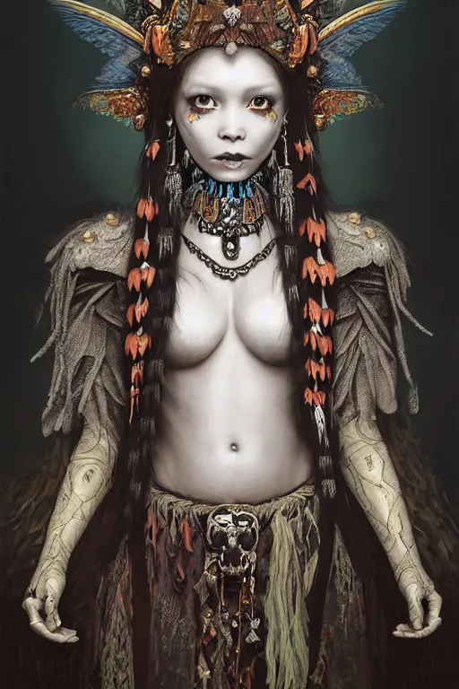 Image similar to A masterpiece ultrarealistic portrait of a Irristible angel princess tribal-shaman-knight-witch-ghost with Skull Iron mask. baroque renaissance girl in the night forest. medium shot, intricate, elegant, highly detailed. trending on artstation, digital art, by Stanley Artgerm Lau, WLOP, Rossdraws, James Jean, Andrei Riabovitchev, Marc Simonetti, Yoshitaka Amano. background by James Jean and Gustav Klimt, light by Julie Bell, 4k, porcelain skin.