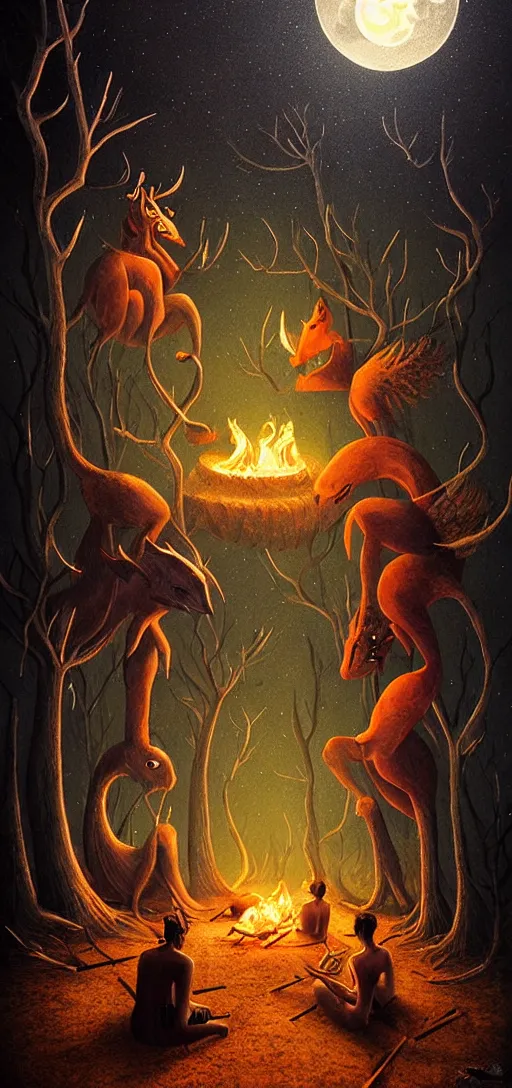 Image similar to strange mythical beasts of sitting around a fire under a full moon, surreal dark uncanny painting by ronny khalil