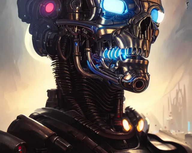 Image similar to terminator cyborg, photography of kurzgesagt, deep focus, d & d, fantasy, intricate, elegant, highly detailed, digital painting, artstation, concept art, matte, sharp focus, illustration, hearthstone, art by artgerm and greg rutkowski and alphonse mucha