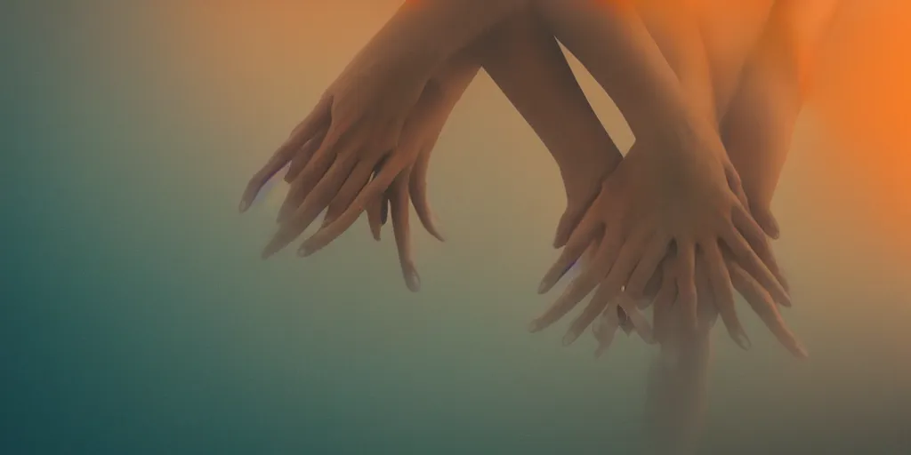 Image similar to a blurry closeup picture of gorgeous human bodies intertwined, female bodies, hands, dripping wet, macro photography, long exposure photograph, surrealism, anamorphic bokeh, cozy, soft light, cyan and orange, caustic, atmospheric fog, octane render, cinematic