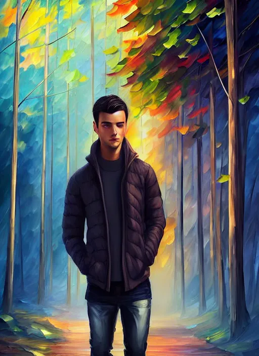 Image similar to handsome young man with short black hair, male, full detailed clothing, half body shot, arms down, path traced, highly detailed, high quality, digital painting, alena aenami, leonid afremov, lilia alvarado, shinji aramaki, karol bak